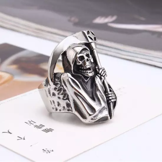 Dead God Evil Sickle Skull Ring Stainless Steel Gothic Men's Women's Punk Ring