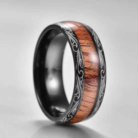 Mens Wood Inlay Stainless Steel Engagement Ring Men's Wedding Band Jewelry Gift^