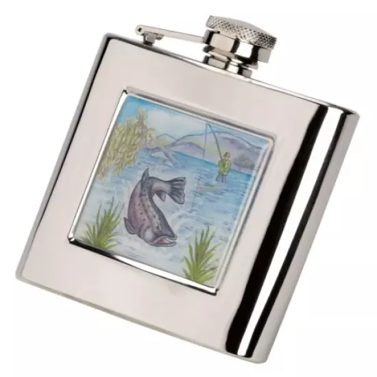 Pewter reel or Stainless Steel hip flask & funnel for fly fishing salmon trout