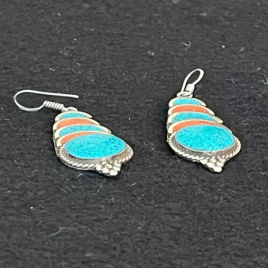 E17 Silver Turquoise and Carnelian Pierced Dangle Fishhook Earrings