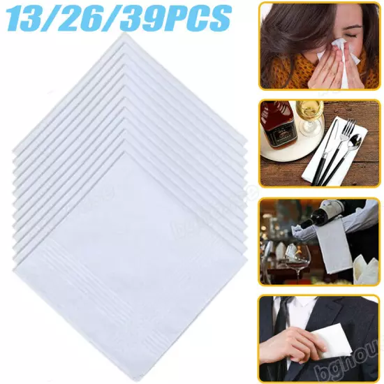 13~39PCS Cotton Men Handkerchiefs Solid Square Pocket Classic Hankies Bulk White