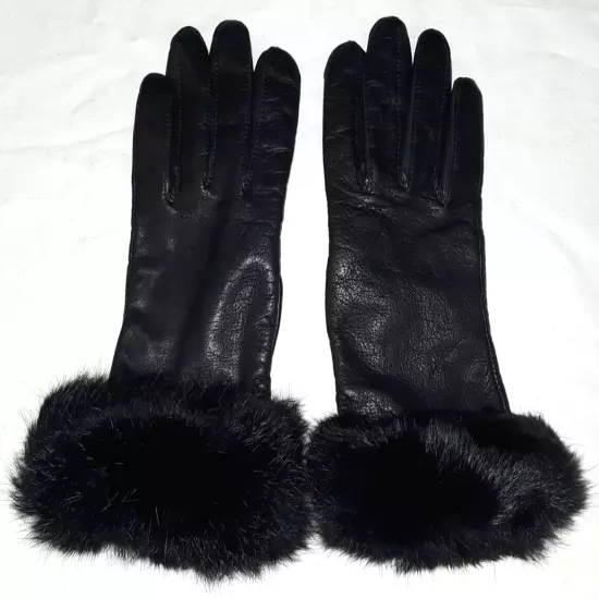 Womens lined black leather gloves with fur cuffs size M