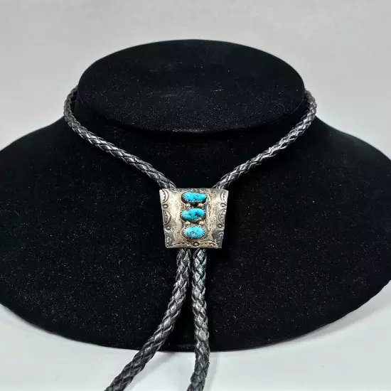 Native American- Turquoise 3 Stone Stamped Bolo Tie