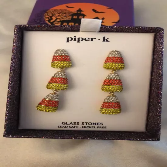 Piper K Gold Tone Triple Candy Corn Drop Earrings Glass Crystal Accents NIB