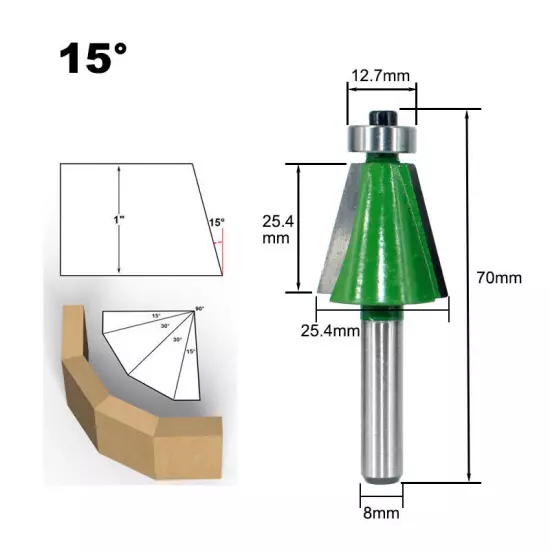 8mm Shank 15° 22.5° 30° Chamfer and Bevel Edging Router Bit GREEN 3PCS Set