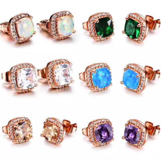 6 Pcs Lots Square Opal Amethyst Topaz Morganite Rose Gold Plated Stud Earrings