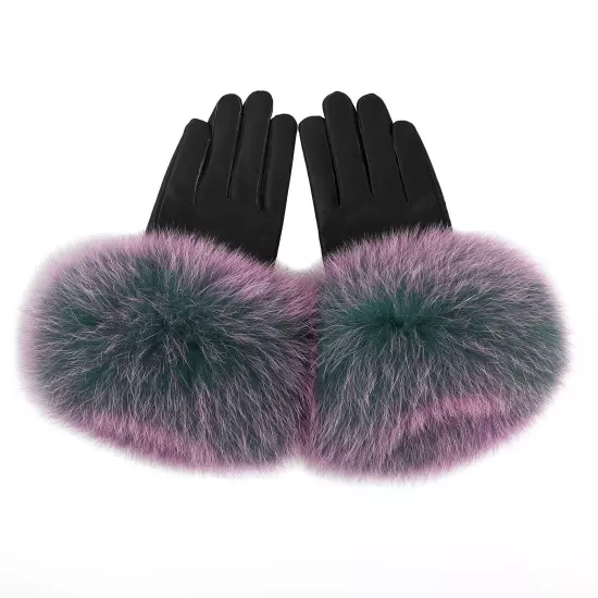 Women Genuine Lambskin Leather Gloves With Real Fox Fur Trim Cuff Winter Warm