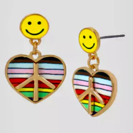 Betsey Johnson One Love Rainbow Heart Peace Earrings Smiley Face