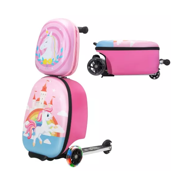 VLIVE Kids Ride on Suitcase Scooter Luggage with LED Lights and Unicorn Patterns