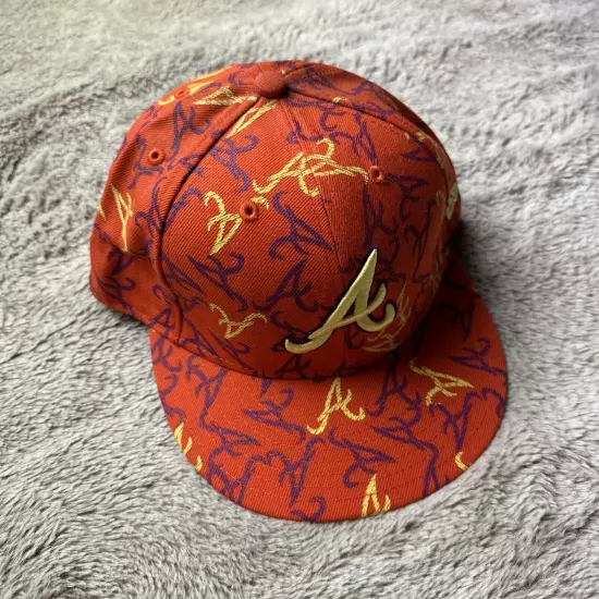 Atlanta Braves Hat New Era 59Fifty All Over Print Baseball Cap Orange 7 5/8 New