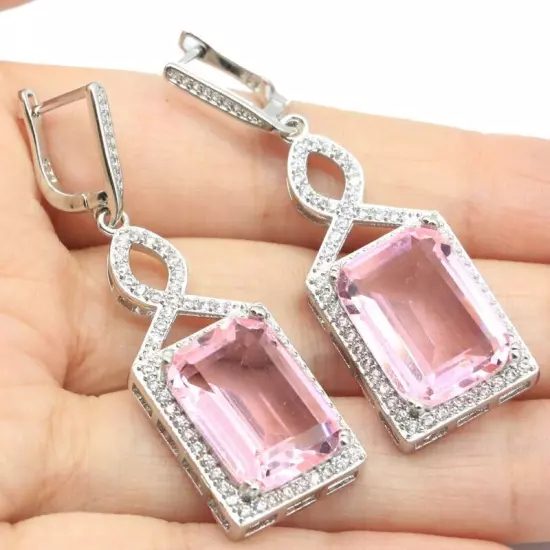 Romantic Created Rectangle Pink Kunzite White CZ Daily Wear Silver Earrings