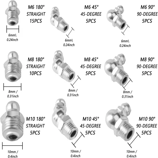 Metric Grease Fittings Kit, 60 Pcs Hydraulic Grease Zerk Assortment Kit, 45 90 D