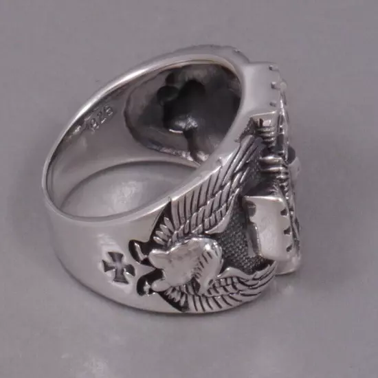 GERMAN 2 HEADED IMPERIAL EAGLE IRON CROSS 925 STERLING SOLID SILVER MENS RING