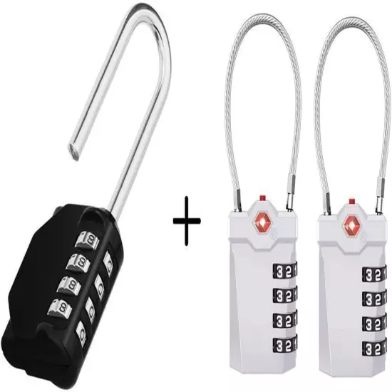 Long Shackle Padlock, 4 Digit Combination Lock & Travel Lock 2 Pack, TSA Approve