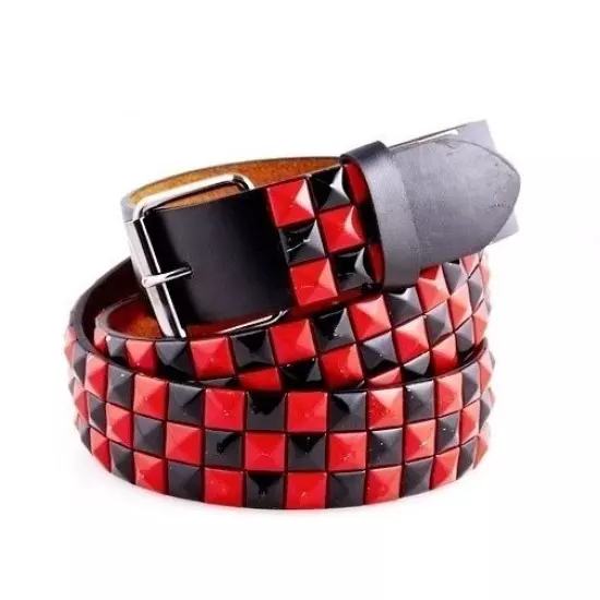 Mens Womens 3-Row Metal Pyramid Studded Leather Belt Checker Punk Rock Goth Emo