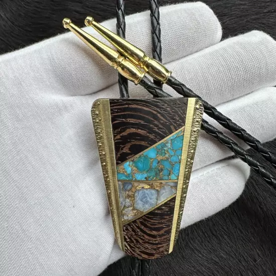 Incredible Vintage Sky West SST Brass Turquoise Gold Wood Inlay Bolo Tie ￼