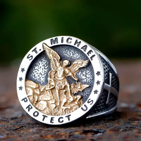 Catholic Archangel St.Michael Cross Ring Stainless Steel Pendant Vintage Jewelry