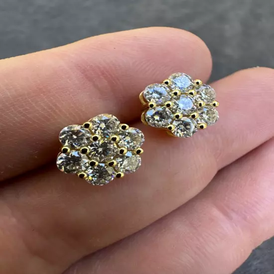 Moissanite Studs Iced Cluster Flower Set Earrings Real 14k Gold Over 925 Silver