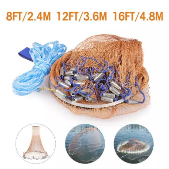 8 12/16/20ft Fishing Cast Net Bait Easy Throw Hand Cast Trap Line Mesh+ Sinker