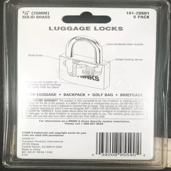 Brinks Luggage Locks 6 Pack 101-20601 TSA Approved Solid Brass a6-