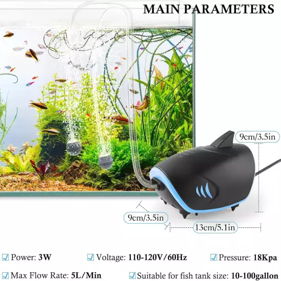 3W Quiet Aquarium Air Pump: 80GPH Adjustable Fish Tank Air Pump with Dual Output