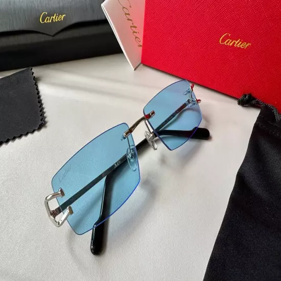 Men Cartier Sunglasses Rimless Glasses Blue Lenses Eyeglasses