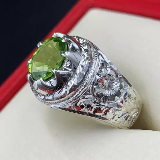 Natural Mens Peridot Ring, Handmade Peridot Ring For Men 925 Sterling Silver