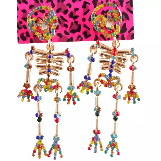 NEW BETSEY JOHNSON MULTICOLOR RHINESTONE SKELETON HALLOWEEN DROP DANGLE EARRINGS