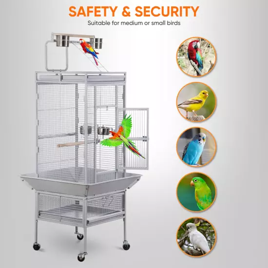 61 Inch 2in1 Large Bird Cage Playtop Parrot Finch Cage with Rolling Stand White