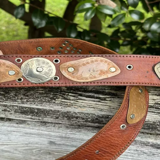 Vintage Handmade Leather Belt Hammered Metals Conchos Western Boho Size 34-36