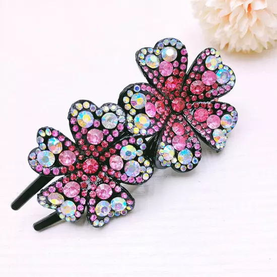 Ladies Rhinestone Double Flower Hair Clip Barrettes Crystal Comb Large Catch 1x-