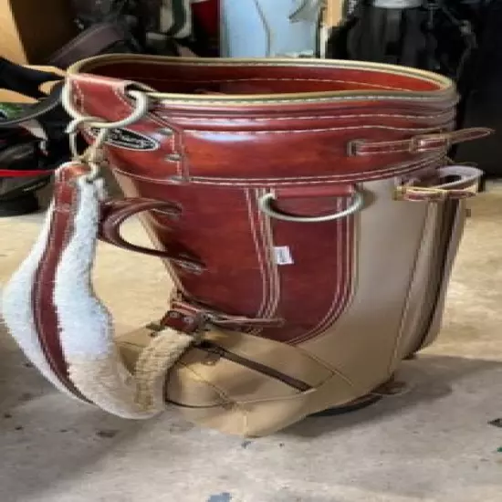 VINTAGE BRUNSWICK LEATHER CART BAG/BROWN AND TAN /HAS RAIN COVER/NICE BAG