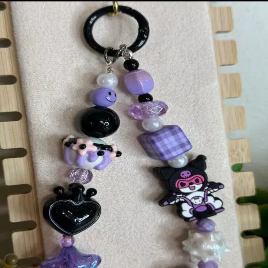 Cute Handmade Sanrio Cell Phone Strap | Kuromi | Hand-Painted Beads | Bag Charm