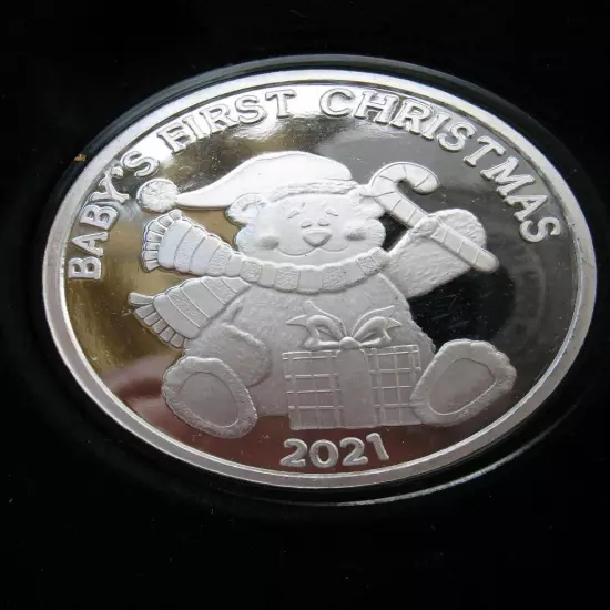 1-OZ CUTE 2021 BABY'S FIRST CHRISTMAS TEDDY BEAR ENGRAVE .999 SILVER COIN+GOLD