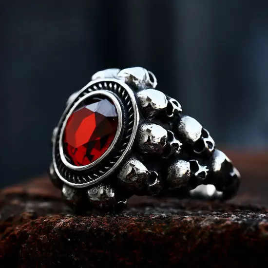 Vintage Red CZ Blood Stone Skull Ring Stainless Steel Punk Classic Wedding Ring