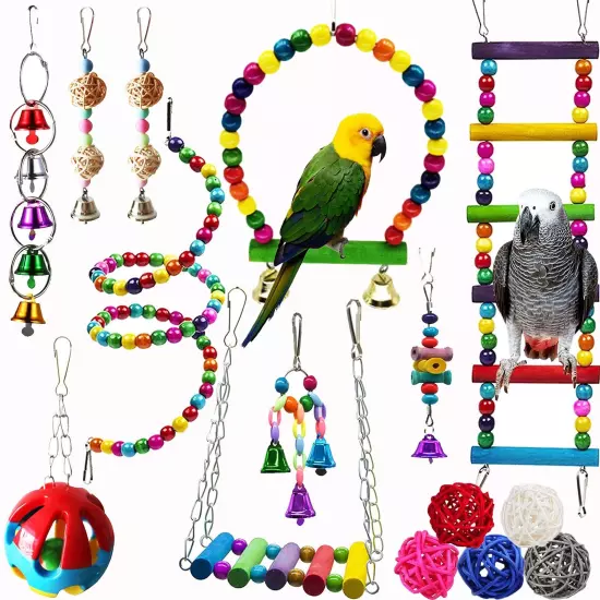 Bird Parrot Swing Chewing Toy Set 15PCS Wooden Hanging Bell with Hammock Clim...