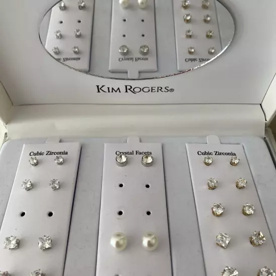 Kim Rogers CZ Metal Faux Pearl 15 Pair Stud Earrings Mega Box Set NIB