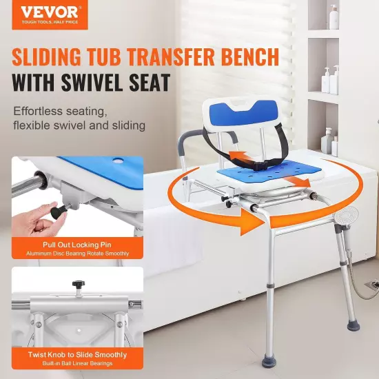 VEVOR Sliding Tub Transfer Bench Shower Chair with 360 Degree Swivel Seat 400LB