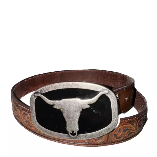 NOCONA Leather Tooled Western Cow Cowboy Rodeo Bull Rider Belt with buckle M