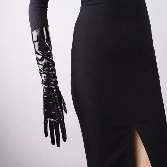 LATEX GLOVES Shine Leather Faux Patent Vegan PU 8" 21cm Short Basic Shine Black