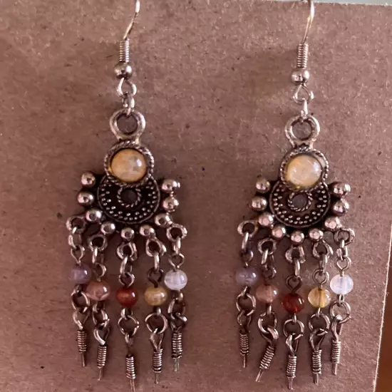 Boho Pierced Earrings Silver tone Beaded Chandelier 2.25"