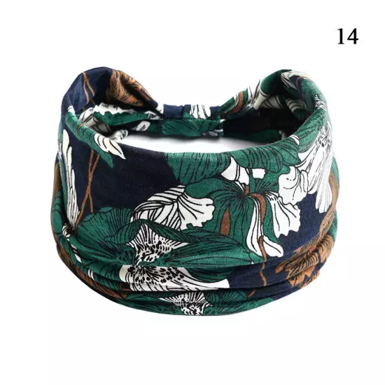 Women Boho Flower Print Wide Headband Vintage Knot Elastic Turban Headwrap *