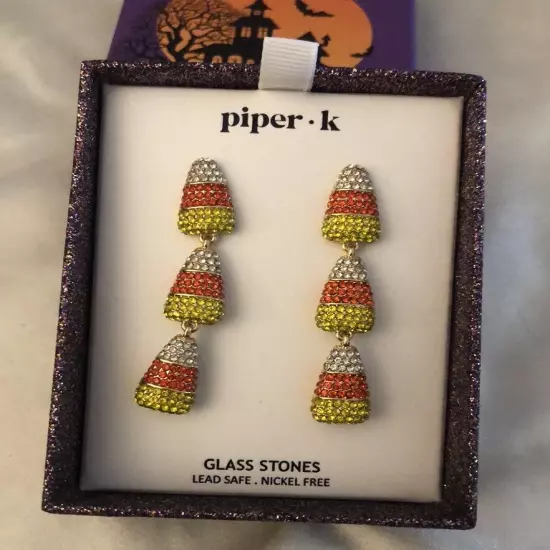 Piper K Gold Tone Triple Candy Corn Drop Earrings Glass Crystal Accents NIB