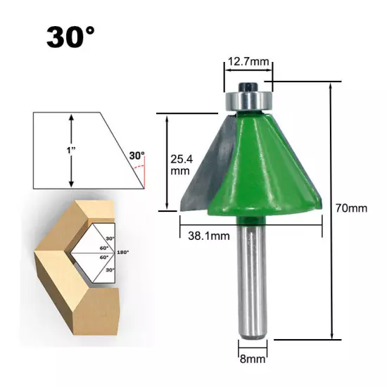 8mm Shank 15° 22.5° 30° Chamfer and Bevel Edging Router Bit GREEN 3PCS Set