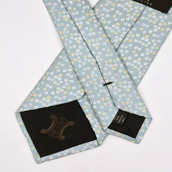 CELINE TIE Floral & Logo on Light Blue Woven Silk Necktie