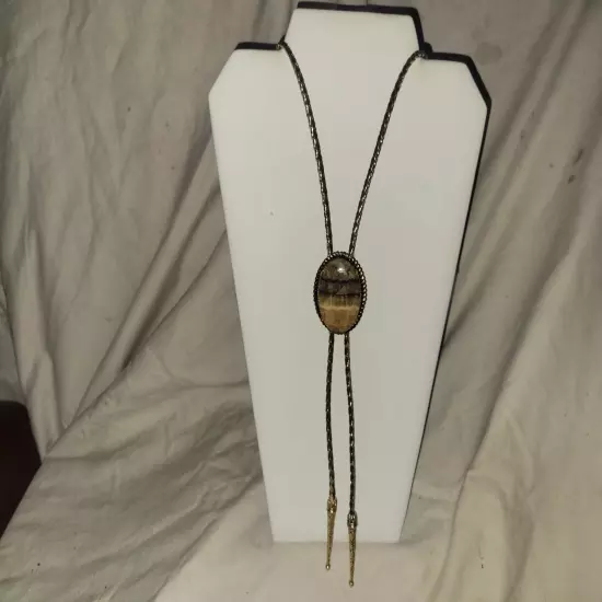 Vintage Natural Honey Onyx Bolo Tie Gold Tone Setting N Tips 1970's