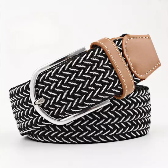 Mens Ladies Belts Canvas Webbing Braided Leather U Buckle Elastic Woven Stretch