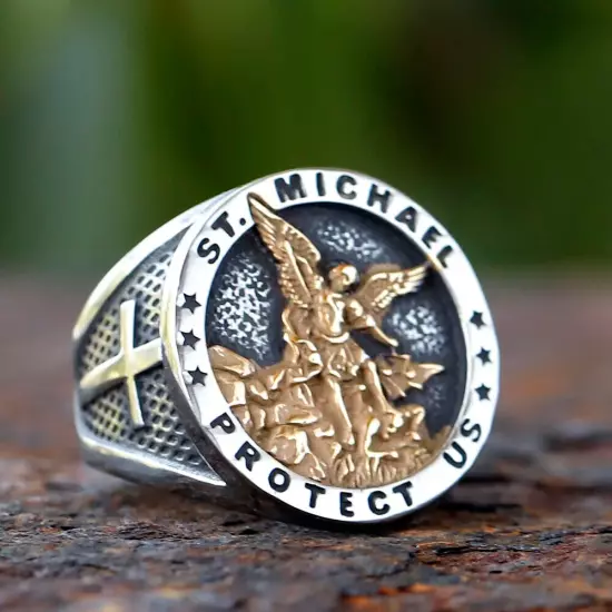 Catholic Archangel St.Michael Cross Ring Stainless Steel Pendant Vintage Jewelry