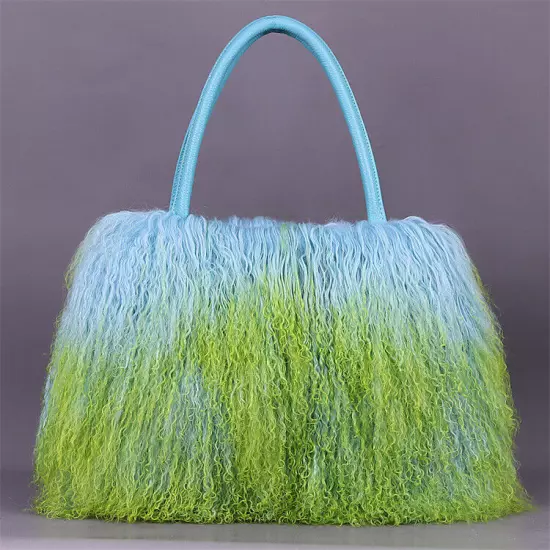 FINILUO Real Long Lamb Fur/Mongolian Fur with Genuine Leather Handles Handbag