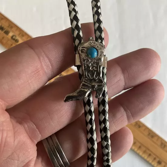 BOLO TIE BRAIDED LEATHER CORD SILVER TONE